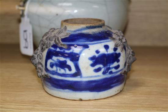 Three Chinese porcelain jars, Qing Dynasty - one crackleglaze, a blue and white and a famille rose example tallest 14cm